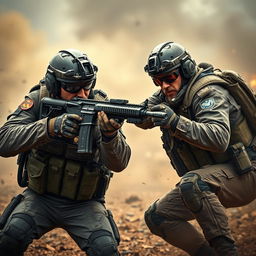 A striking and dynamic scene featuring two elite soldiers in tactical gear engaging in a high-stakes dual in a warzone setting