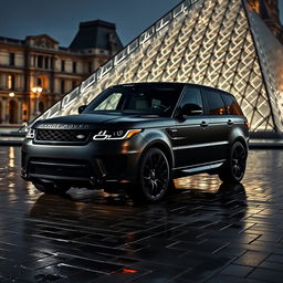 A bold Range Rover SV Sport, featuring a sleek matte black body, parked prominently in front of the Louvre Museum