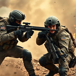 A striking and dynamic scene featuring two elite soldiers in tactical gear engaging in a high-stakes dual in a warzone setting