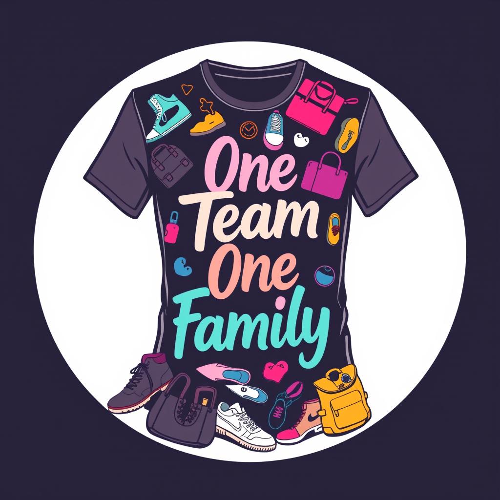 A t-shirt design featuring a stylish and modern graphic that incorporates various types of shoes and bags, arranged creatively across the shirt