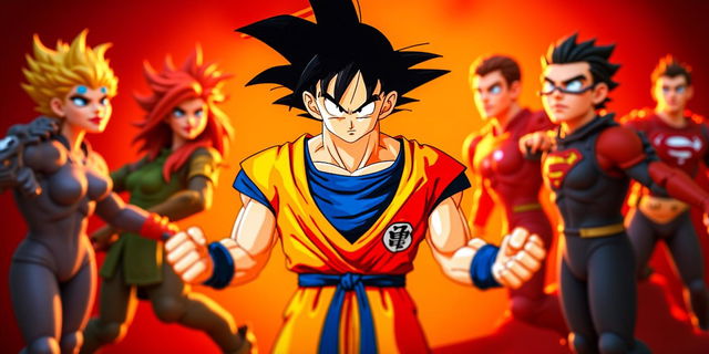 Anime character with wild spiky black hair, wearing an orange and blue martial arts uniform, displaying a fierce expression with clenched fists