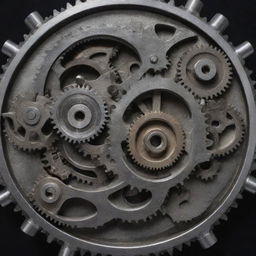 A complex, intricately designed gearbox with a polished metallic surface exhibiting its various cogs and gears.