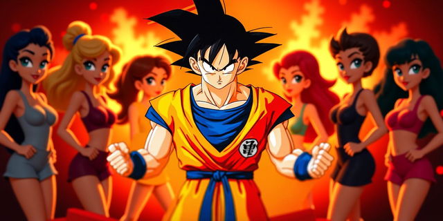 Anime character with wild spiky black hair, wearing an orange and blue martial arts uniform, showing a determined and powerful expression with clenched fists