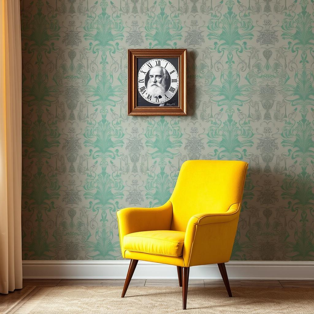 A soft yellow chair positioned prominently against a backdrop of grey and emerald green wallpaper