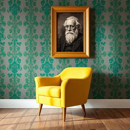 A soft yellow chair positioned prominently against a backdrop of grey and emerald green wallpaper