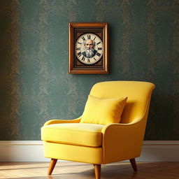 A soft yellow chair positioned prominently against a backdrop of grey and emerald green wallpaper