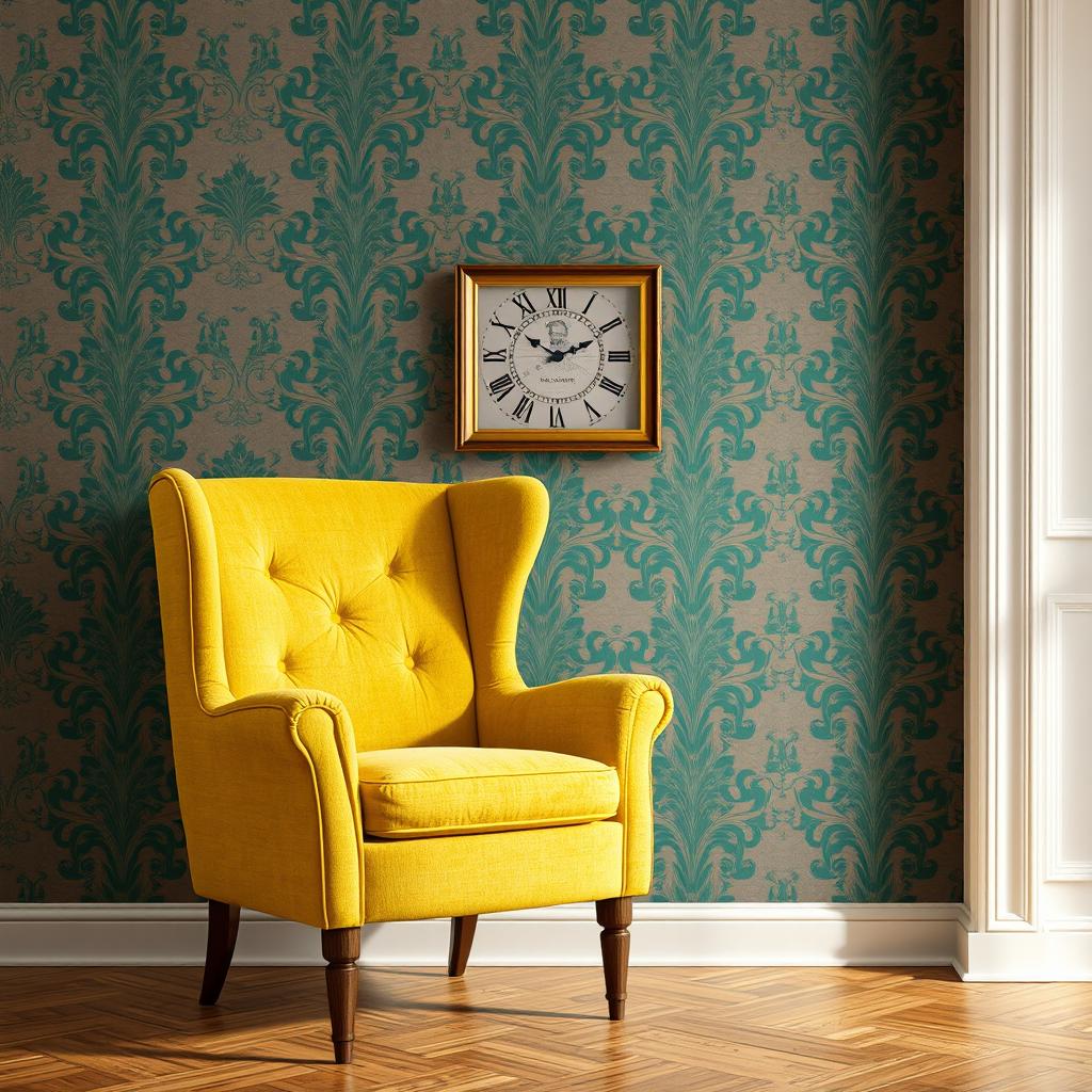 A soft yellow chair positioned prominently against a backdrop of grey and emerald green wallpaper