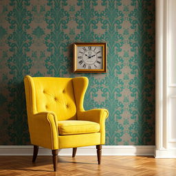 A soft yellow chair positioned prominently against a backdrop of grey and emerald green wallpaper