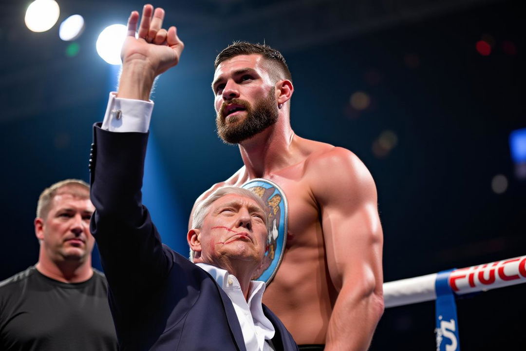 A victorious fighter in the center of a UFC octagon, raising his fist in triumph