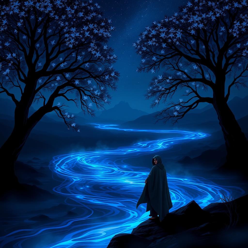 A mysterious and enchanting fantasy landscape named ShadowFlux, featuring a dark, swirling river under a starlit sky