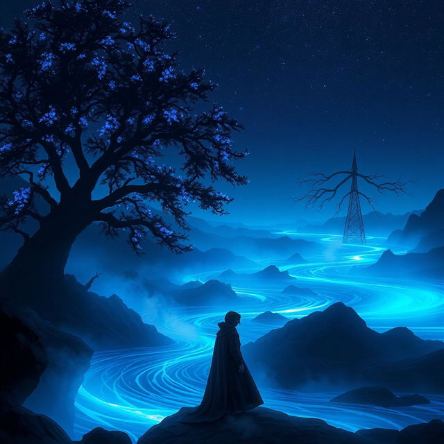 A mysterious and enchanting fantasy landscape named ShadowFlux, featuring a dark, swirling river under a starlit sky