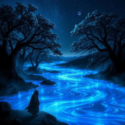 A mysterious and enchanting fantasy landscape named ShadowFlux, featuring a dark, swirling river under a starlit sky