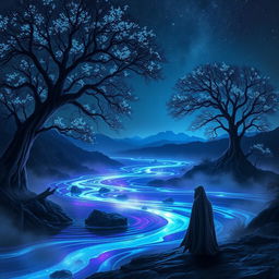 A mysterious and enchanting fantasy landscape named ShadowFlux, featuring a dark, swirling river under a starlit sky