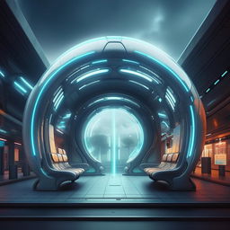 A captivating supernatural yet super beautiful futurist bus stop, rich in advanced technology and ethereal elements.