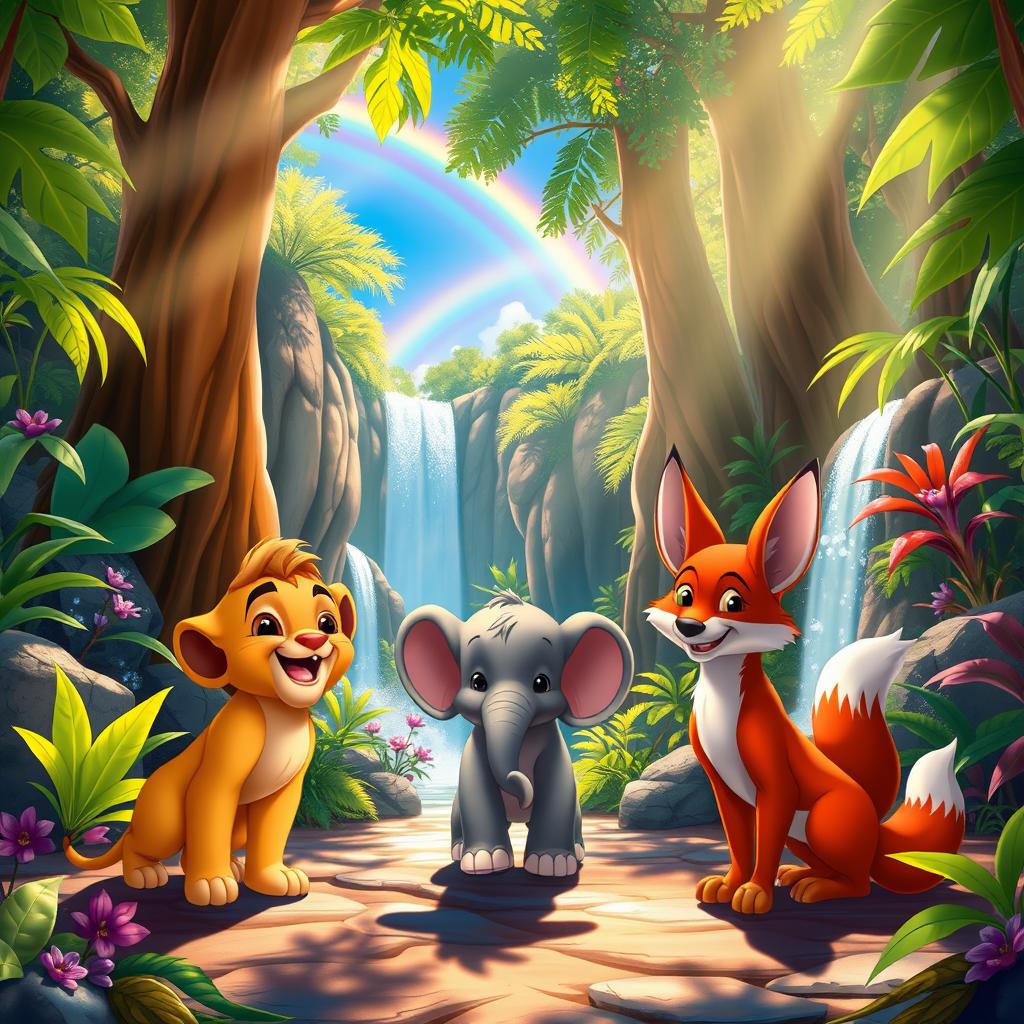 A vibrant and magical scene inspired by Disney's animated films featuring beloved animal characters