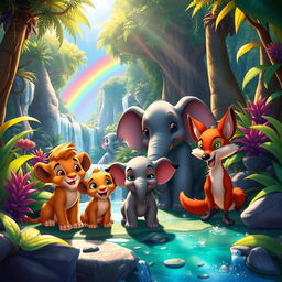 A vibrant and magical scene inspired by Disney's animated films featuring beloved animal characters