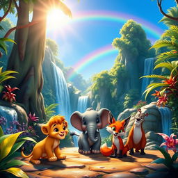 A vibrant and magical scene inspired by Disney's animated films featuring beloved animal characters