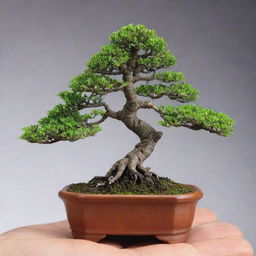 An image of the world's smallest bonsai tree. Despite its miniature size, it is richly detailed with tiny, intricate branches and delicate leaves, showcasing the intense detail and precision of the art of bonsai.