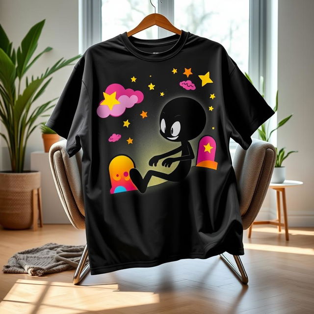 An oversized t-shirt featuring a vibrant and playful graphic design of an animated shadow character, inspired by the theme of darkness and light