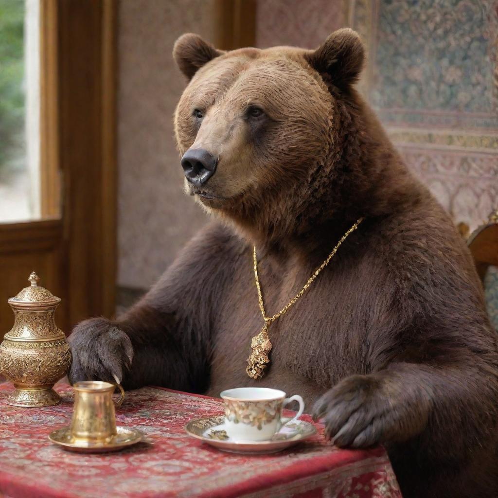 A large, brown bear adorned with a shiny golden necklace and an elegant watch, sitting comfortably in a traditional Iranian setting, sipping from a cup of aromatic tea.