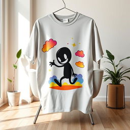 An oversized t-shirt featuring a vibrant and playful graphic design of an animated shadow character, inspired by the theme of darkness and light