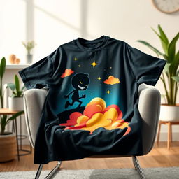 An oversized t-shirt featuring a vibrant and playful graphic design of an animated shadow character, inspired by the theme of darkness and light