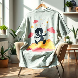 An oversized t-shirt featuring a vibrant and playful graphic design of an animated shadow character, inspired by the theme of darkness and light