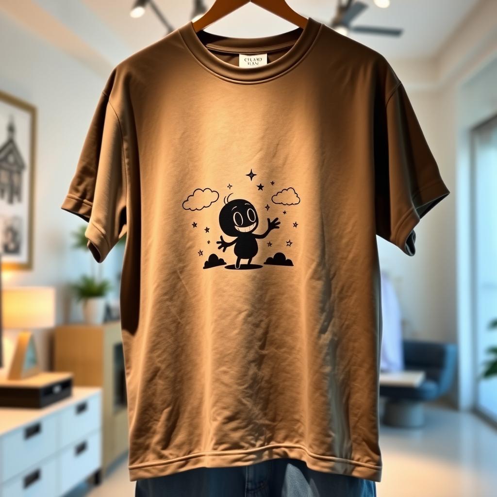 An oversized t-shirt featuring a small graphic design of an animated shadow character, set in the center of the shirt