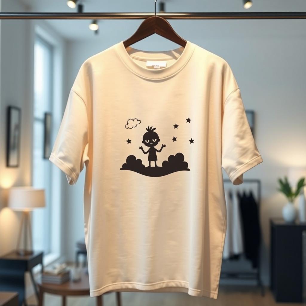 An oversized t-shirt featuring a small graphic design of an animated shadow character, set in the center of the shirt