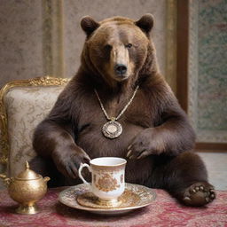 A large, brown bear adorned with a shiny golden necklace and an elegant watch, sitting comfortably in a traditional Iranian setting, sipping from a cup of aromatic tea.