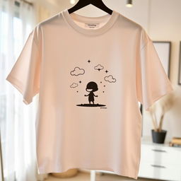 An oversized t-shirt featuring a small graphic design of an animated shadow character, set in the center of the shirt