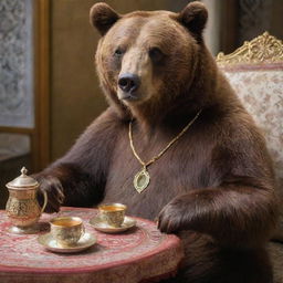 A large, brown bear adorned with a shiny golden necklace and an elegant watch, sitting comfortably in a traditional Iranian setting, sipping from a cup of aromatic tea.