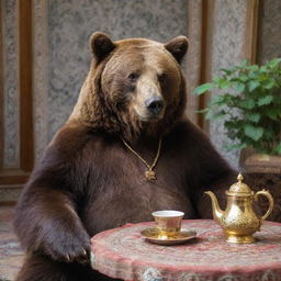 A large, brown bear adorned with a shiny golden necklace and an elegant watch, sitting comfortably in a traditional Iranian setting, sipping from a cup of aromatic tea.