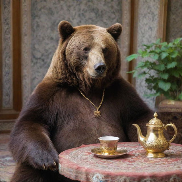 A large, brown bear adorned with a shiny golden necklace and an elegant watch, sitting comfortably in a traditional Iranian setting, sipping from a cup of aromatic tea.