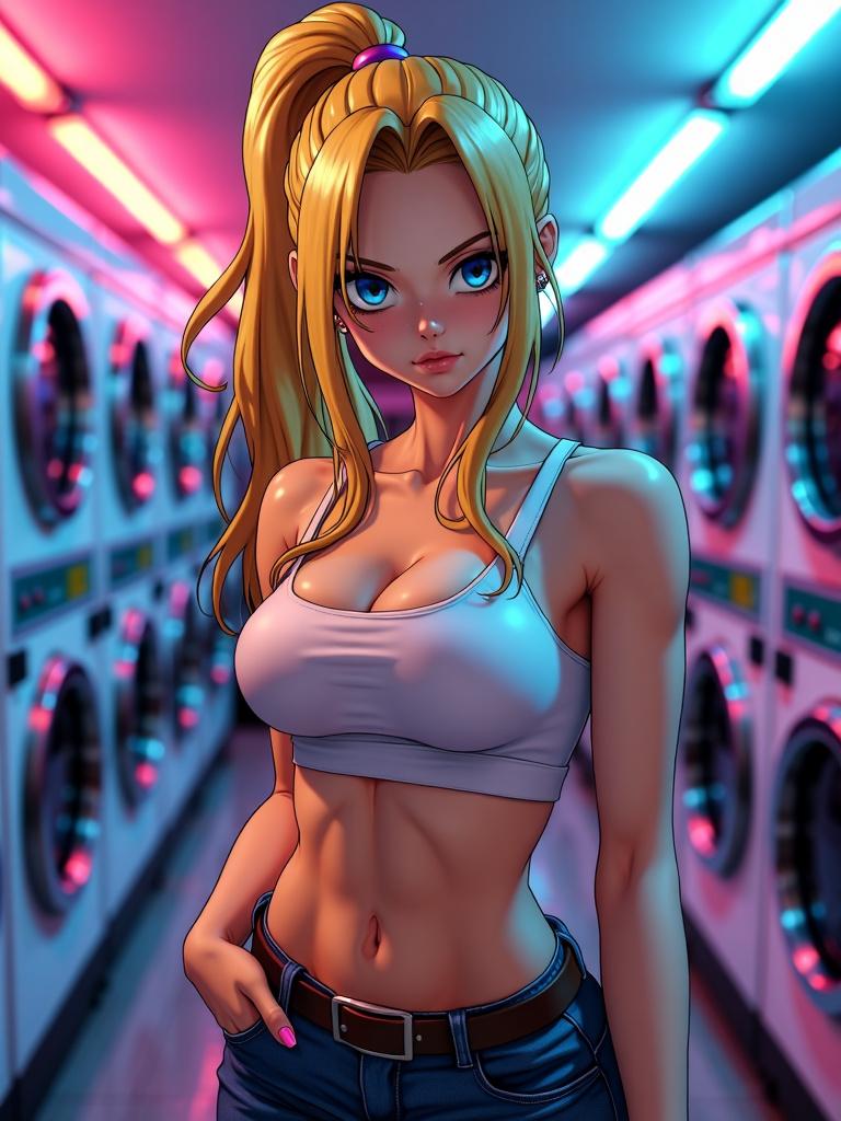 A stunning portrayal of Android 18 from Dragon Ball Z, depicted in exquisite detail in a vibrant laundromat setting