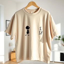 An oversized t-shirt featuring a small graphic design of an animated shadow character placed on the right chest area