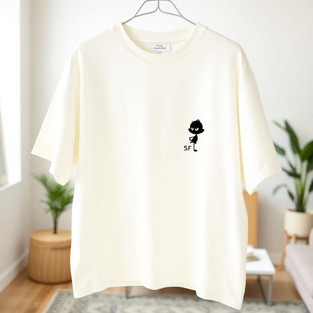 An oversized t-shirt featuring a small graphic design of an animated shadow character placed on the right chest area