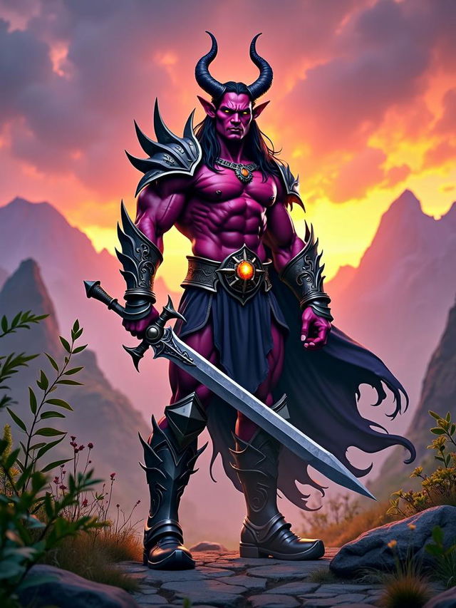 A high fantasy tiefling hero, depicted as a muscular character with striking features such as pointed horns and vibrant skin tone