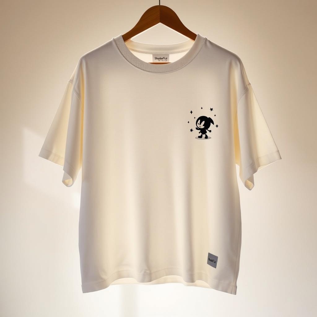 An oversized t-shirt featuring a small graphic design of an animated shadow character on the right chest area