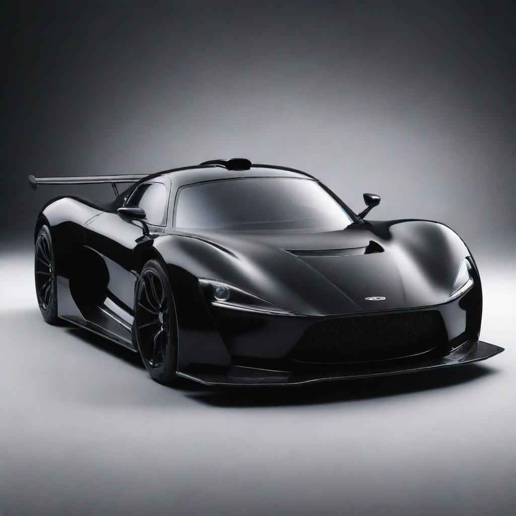 A sleek, intense racing car in glossy black color, its headlights resembling angry eyes and aerodynamic design emphasising its speed and power.