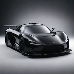 A sleek, intense racing car in glossy black color, its headlights resembling angry eyes and aerodynamic design emphasising its speed and power.