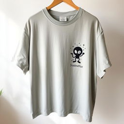 An oversized t-shirt featuring a small graphic design of an animated shadow character on the right chest area