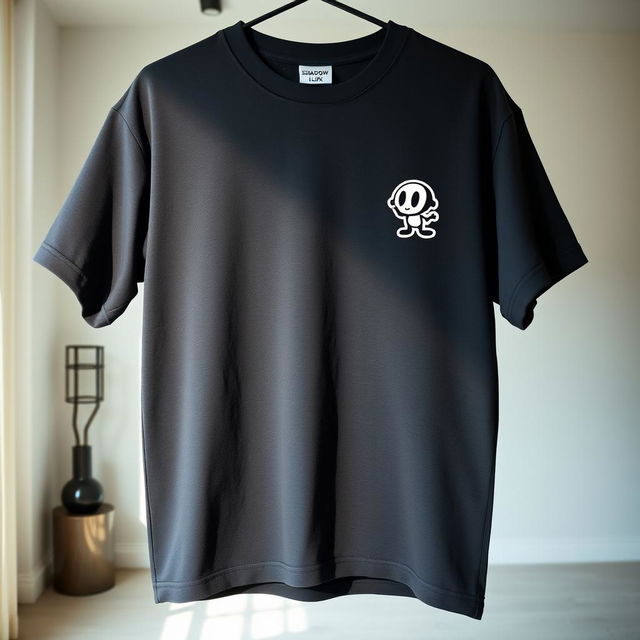 An oversized dark-colored t-shirt featuring a small graphic design of an animated shadow character on the right chest area