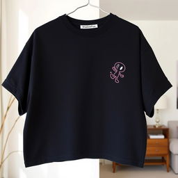 An oversized dark-colored t-shirt featuring a small graphic design of an animated shadow character on the right chest area