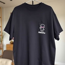 An oversized dark-colored t-shirt featuring a small graphic design of an animated shadow character on the right chest area