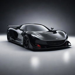 A sleek, intense racing car in glossy black color, its headlights resembling angry eyes and aerodynamic design emphasising its speed and power.