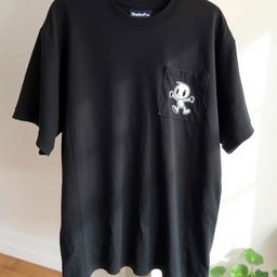 An oversized dark-colored t-shirt featuring a small graphic design of an animated shadow character on the right chest area