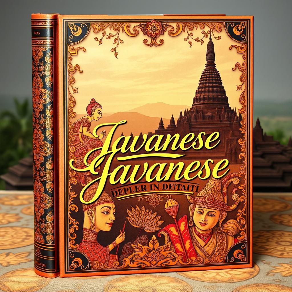 An exquisite book cover that delves into Javanese culture, featuring iconic elements such as traditional Javanese batik patterns, ornate wayang kulit shadow puppets, and a magnificent depiction of the Borobudur Temple in the background