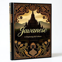 An exquisite book cover that delves into Javanese culture, featuring iconic elements such as traditional Javanese batik patterns, ornate wayang kulit shadow puppets, and a magnificent depiction of the Borobudur Temple in the background