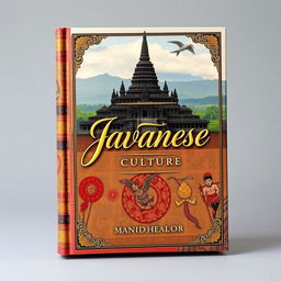 An exquisite book cover that delves into Javanese culture, featuring iconic elements such as traditional Javanese batik patterns, ornate wayang kulit shadow puppets, and a magnificent depiction of the Borobudur Temple in the background